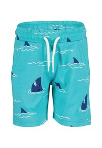 Shorts de bain turquoise avec une taille élastique ornés d'un motif de requin et d'accents de vagues blanches sur l'ensemble du tissu.