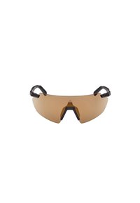 Ochelari de soare sport cu lentile maro nuanțate, cu o formă îmbrăcată, brațe negre ajustabile și un design geometric distinctiv al punții. Finisaj mat.