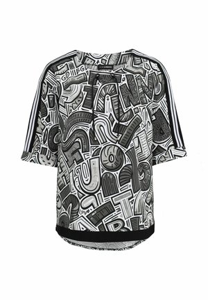 Short-sleeve black and white shirt with abstract graffiti-style letters and patterns, black stripes on sleeves, and a drawstring neckline.