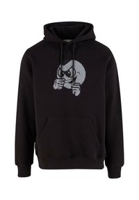Felpa nera in cotone, con una grafica di un personaggio dei cartoni animati sulla parte anteriore. Ha un tascone a marsupio e cappuccio regolabile con cordino.
