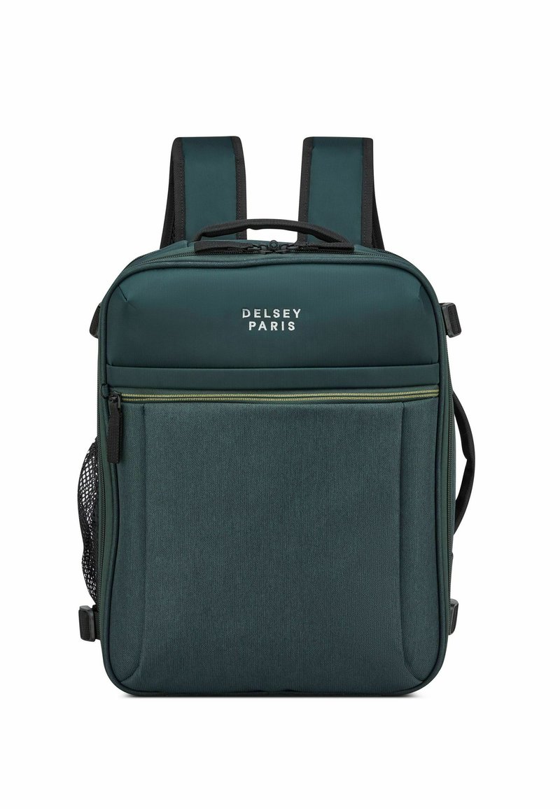 Zaino Delsey Paris in tessuto verde scuro con due spallacci, tasca frontale con zip e tasca laterale in rete. Logo discreto sul davanti.