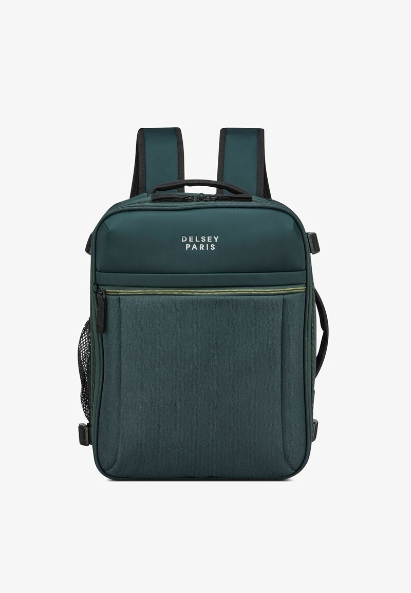 Sac à dos Delsey Paris en tissu vert foncé avec deux bretelles, poche zippée à l'avant et poche en mesh sur le côté. Logo discret à l'avant.