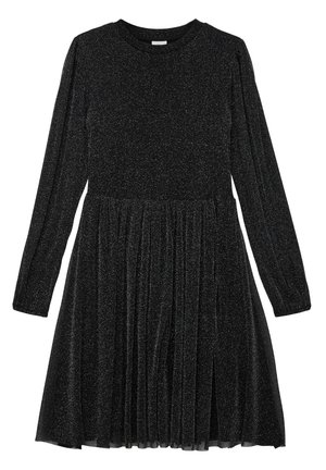 Vestido negro de manga larga con falda acampanada, hecho de una tela texturizada con un ligero brillo y un escote redondo.