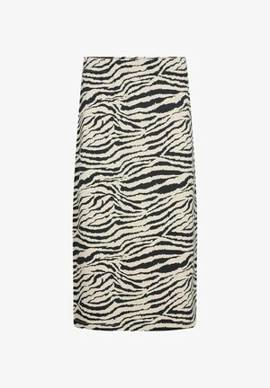 Pencilrok met zebraprint, featuring een beige achtergrond met zwarte strepen, een gladde textuur en een aansluitende silhoët.