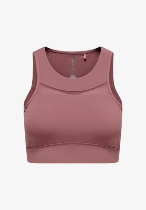 Mauve cropped sportbeha met hoge halslijn, mesh inzetstuk onder de kraag en brede elastische band onder de borst.