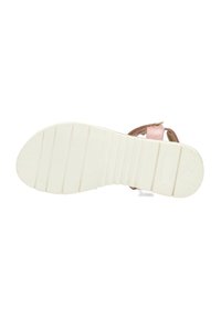 Suola in gomma bianca con texture rigata, caratterizzata da una cinghia rosa chiaro. La parte inferiore ha una finitura liscia e leggermente texturizzata.