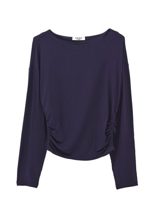 Maglia lunga navy realizzata in tessuto morbido con scollo rotondo e dettagli arricciati sul lato, che offre una vestibilità comoda.