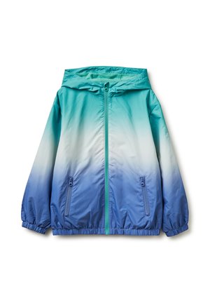 Kapuzenspritzjacke mit Frontreißverschluss, seitlichen Reißverschlusstaschen, elastischen Bündchen und Farbverlauf von Blau zu Weiß.