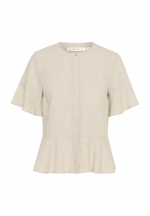 Beige Leinenbluse mit kurzen, geschwungenen Ärmeln, Rundhalsausschnitt und peplumförmigem Saum. Verfügt über einen zentralen Knopfverschluss und eine dezente Textur.