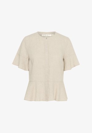 Beżowa lniana bluzka z krótkimi szyfonowymi rękawami, okrągłym dekoltem i falbaną na dole. Posiada centralne zapięcie na guziki oraz delikatną fakturę.
