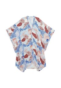 Couverture ample et légère de style kimono avec des motifs abstraits de corail bleu et rouge et de coquillages sur un fond blanc.
