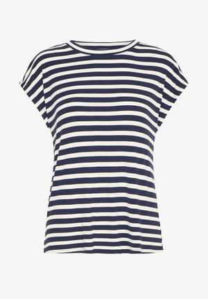 Marineblå og hvidstribet T-shirt med rund halsudskæring, korte ærmer, blød ribbet tekstur og løs pasform.