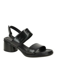 Schwarze Ledersandale mit geschlossenem Fersenbereich, zwei breiten Riemen über dem Spann und einem mittelhohen Blockabsatz. Matte Oberfläche mit glatter Textur.