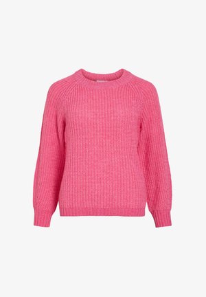 Helles, pinkes Strickoberteil mit langen Ärmeln, gerippten Bündchen und einem runden Halsausschnitt auf einem weißen Hintergrund.