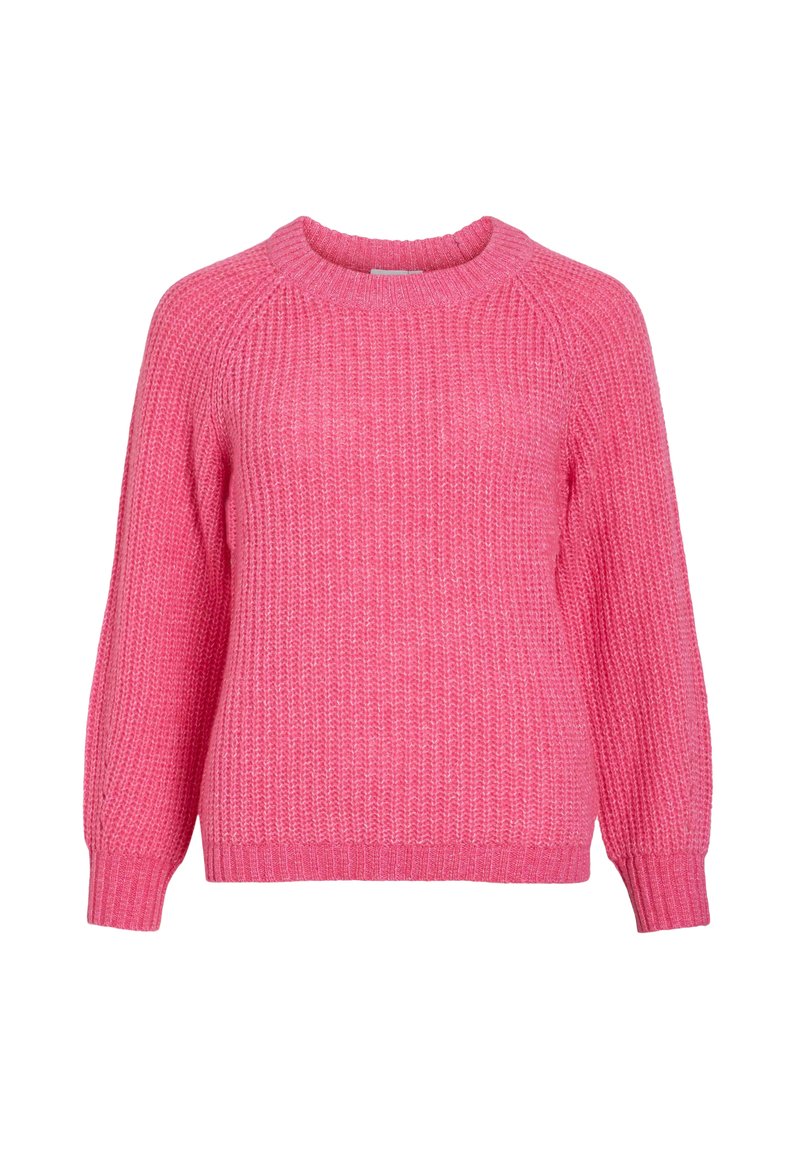 Maglione lavorato a maglia di un brillante colore rosa con maniche lunghe, polsini a coste e scollatura rotonda su fondo bianco.