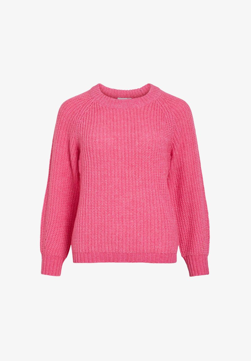 Maglione lavorato a maglia di un brillante colore rosa con maniche lunghe, polsini a coste e scollatura rotonda su fondo bianco.