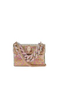 Borsa a tracolla intrecciata multicolore con catena, superficie testurizzata e chiusura decorativa. Presenta un vivace motivo geometrico e dettagli intrecciati.