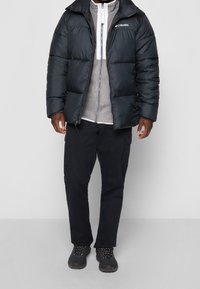 Czarna kurtka puchowa z wysokim kołnierzem, wykonana z lekkiego materiału, z zapięciem na zamek, noszona na jasnoszarej polarowej bluzie, czarnych spodniach cargo i ciemnym obuwiu.