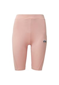 Rosa sportshorts i mjukt, elastiskt tyg. Har hög midja och en liten logotags på sidan. Benen är i knämidje längd.