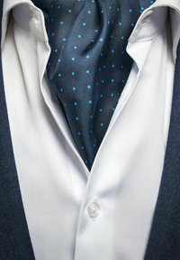 Laivastonsininen pilkkupaita, jossa on vaaleansinisiä pilkkuja, on laskostettu valkoisen nappikauluspaitaan, joka on tumma takki.