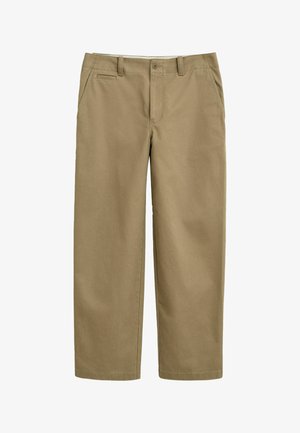 Beige katoenen broek met een rechte pijp, voorzien van voorzakken en een knoopsluiting. Soepele textuur met een klassieke pasvorm.