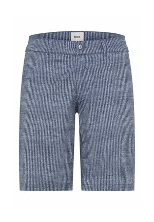 Mænds blå og hvide knælange shorts med knaplukning og bæltestropper, mærket Brax.