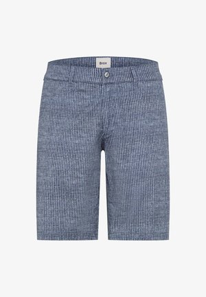 Shorts pour homme bleu et blanc rayés, longueur genou, avec fermeture par bouton et passants pour ceinture, étiqueté Brax.