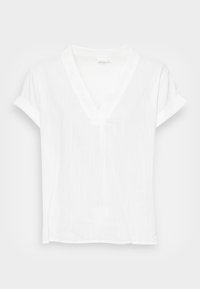 Blusa bianca a maniche corte con scollatura a V, realizzata in tessuto leggero e testurizzato con maniche arrotolate. Design semplice e pulito senza motivi.