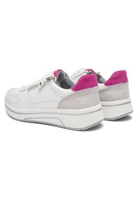 White leather sneakers with grey suede accents, pink heel tabs, side zippers, and thick white rubber soles shown from the back and side angles.