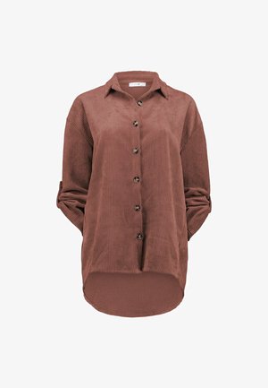 Braun kariertes Cordhemd mit Kragen, vorderem Knopfverschluss und umgeschlagenen Ärmeln. Verfügt über strukturierte Rillen und einen abgerundeten Saum.