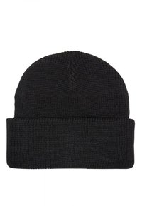 Berretto di maglia nero con orlo piegato, caratterizzato da un motivo testurizzato e una corona arrotondata, realizzato in materiale morbido ed elasticizzato.