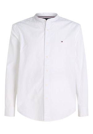 White long-sleeve shirt with a stand-up collar, front button closure, and small logo accent on the chest. Made of smooth cotton fabric.