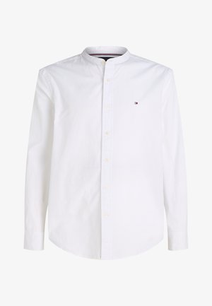 White long-sleeve shirt with a stand-up collar, front button closure, and small logo accent on the chest. Made of smooth cotton fabric.