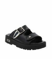 Sandal in pelle nera con design aperto sulla punta, due cinturini regolabili, fibbia argentata, suola testurizzata prominente e dettagli con finitura liscia.