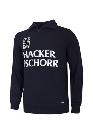 Marineblauw sportshirt met lange mouwen, witte tekst "HACKER PSCHORR" en een zwart leeuwenlogo met het jaartal 1860 op de borst.