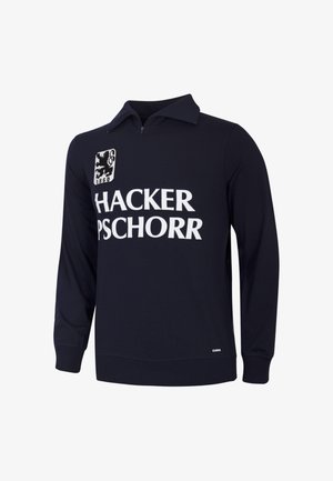 Marineblauw sportshirt met lange mouwen, witte tekst "HACKER PSCHORR" en een zwart leeuwenlogo met het jaartal 1860 op de borst.