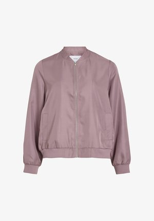 Giacca bomber lilla chiaro, dalla texture satinata liscia, con polsini e orlo a costine, chiusura con zip argento, tasche laterali, design con collo rotondo.