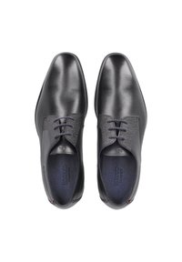 Scarpe eleganti in pelle nera con finitura liscia, punta arrotondata e lacci, caratterizzate da un accento in tessuto sui lati e un interno scuro.