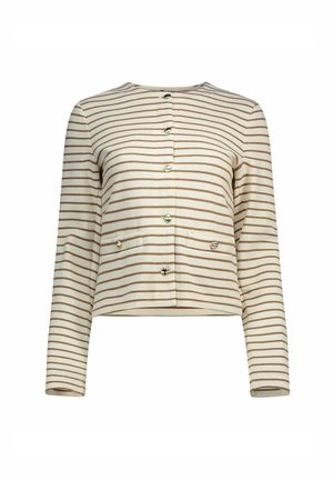 Cardigan court rayé beige et marron avec des manches longues, un col rond, et une fermeture à boutons présentant des accents métalliques et deux poches avant.