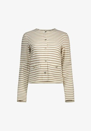 Cardigan court rayé beige et marron avec des manches longues, un col rond, et une fermeture à boutons présentant des accents métalliques et deux poches avant.