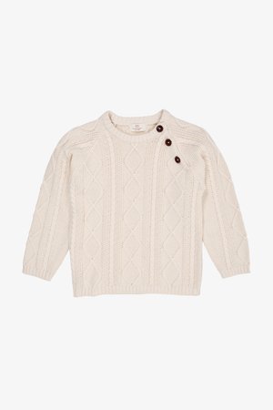 Hellbeige gestrickter Pullover mit Zopfmuster, Rundhalsausschnitt, drei Knöpfen auf der Schulter sowie gerippten Bündchen und Saum.