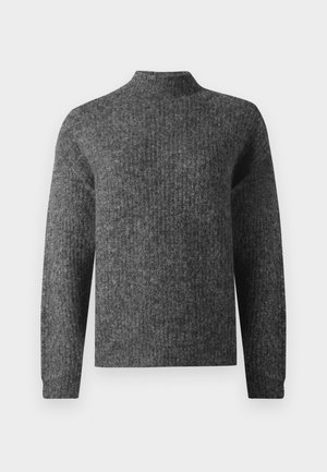 Mörkgrå stickad tröja med långa ärmar och kort hög krage, visas framifrån på en vit bakgrund.