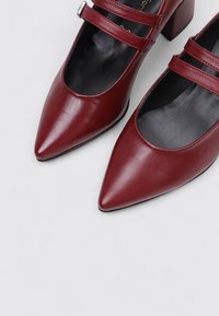 Zapatos de tacón alto de cuero burdeos con punta afilada, que cuentan con dos correas ajustables en el empeine y un tacón cuadrado.