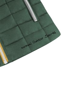 Grüne, gesteppte Outdoor-Jacke mit glatter Oberfläche, ausgestattet mit einem Reißverschluss in Silber und gelben Akzenten sowie einem gestickten Logo am Saum.