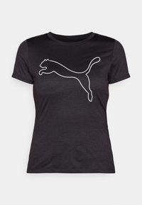 Tricou negru din țesătură netedă, cu un mare siluete albă a unui logo cu puma săltând pe partea din față. Decolteu clasic tip crew, mâneci scurte.