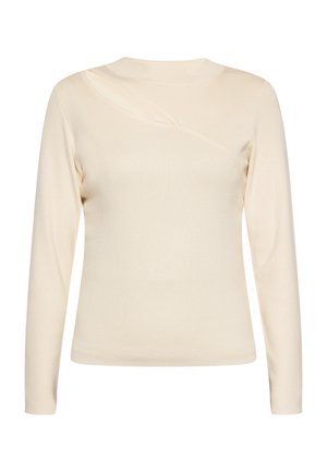 Maglione beige a maniche lunghe con colletto rotondo e un dettaglio di taglio asimmetrico sulla spalla sinistra, realizzato in tessuto morbido e leggero.