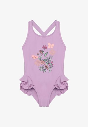 Maillot de bain une pièce lilas avec côtés à volants, bretelles croisées et imprimé floral et papillons aux couleurs pastel sur le devant.