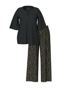 Zwarte tuniek met klokmouwen, voorzien van een V-hals, gecombineerd met wijde broekspijpen in een donker patroon van gouden krullen en accenten.