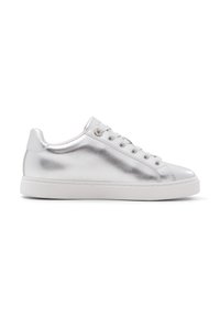 Silver metallic sneakers with a smooth finish, flat white rubber sole, and classic lace-up design. Features minimal stitching accents.