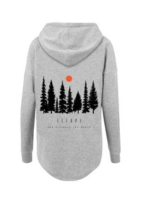 Gray hoodie featuring a black silhouette of pine trees and an orange sun. Text below reads "ESCAPE AND DISCOVER THE WORLD."